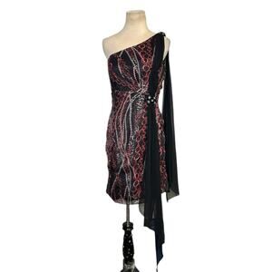 Nazz Collection black red print one shoulder cocktail dress size US 8 UK 12